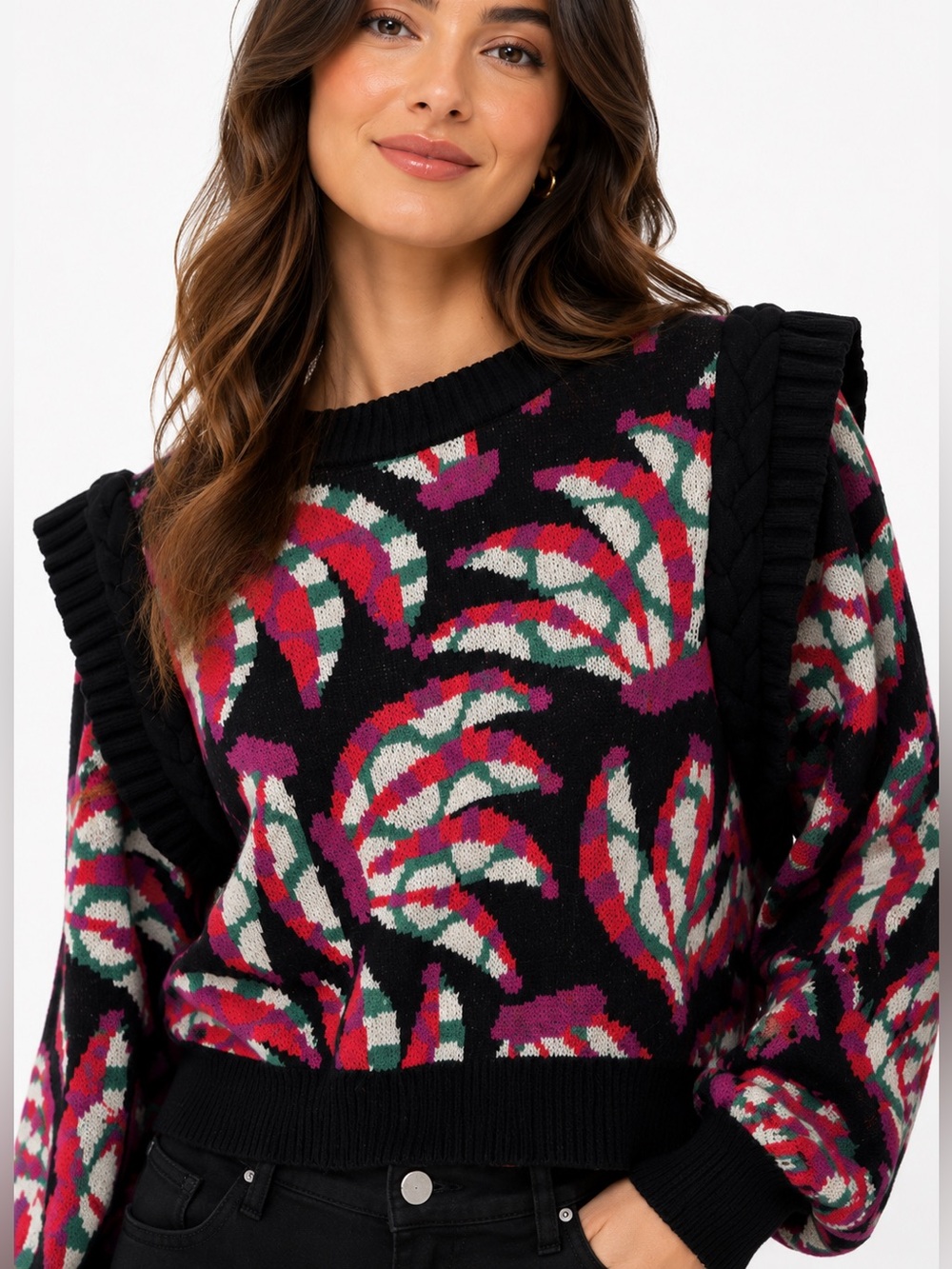 Farm Rio Banana Dots Jacquard Knit Pullover Sweater Black Multi Size L